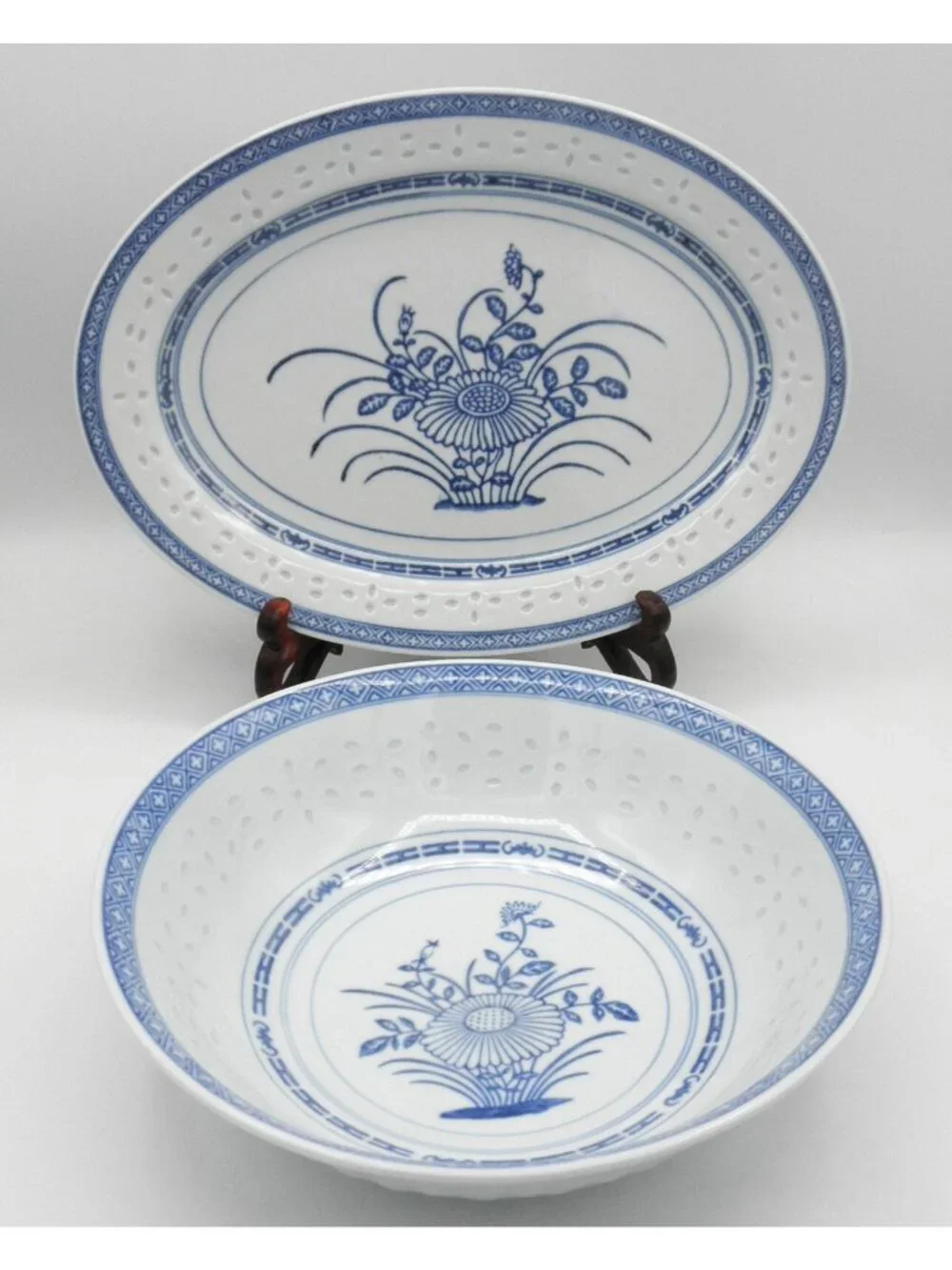 Jingdezhen China Rice Eye Grain Chrysanthemum Serving Platter and Serving Bowl